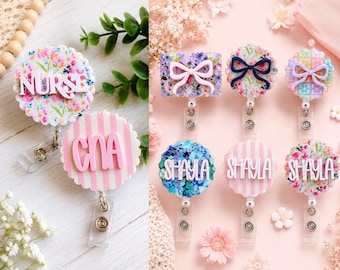 Floral Scalloped Badge Reel, Retractable ID Clip, Girly Work Accessory