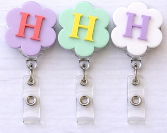 Personalized Flower Badge Reel | Custom Initial ID Holder, Nurse Teacher Acrylic Clip