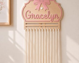 Personalized Wooden Bow Holder – Macrame Hair Bow Organizer, Nursery Decor/ Hair bow display