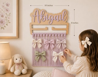 Personalized Baby Wooden Bow Holder – Macrame Hair Accessory Organizer for Girls' Nursery Wall Hanging/ girl nursery decor
