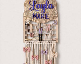 Personalized Hair Bow Holder, Name Hair Organizer, Macrame Bow Holder, Girl Nursery Decor, Little cowgirl room decor