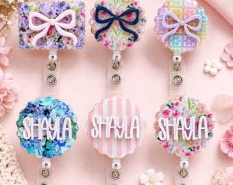 Floral Scalloped Badge Reel, Retractable ID Clip, Girly Work Accessory