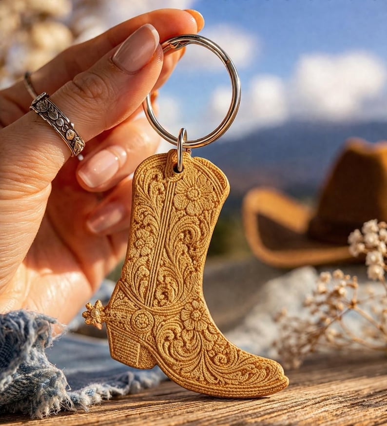 May include: A tan-colored cowboy boot keychain with intricate floral and scrollwork details. The boot features a spur and is attached to a silver keyring. The background includes a blurred view of a cowboy hat and a mountain range.