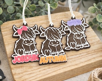 Personalized Highland Cow Keychain | Layered Wood Acrylic Charm, Rustic Farm Animal Gift