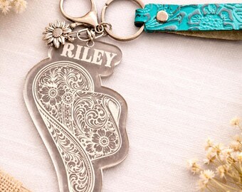 Personalized Western Acrylic Keychain – Custom Name, Cowgirl Boot Design, Turquoise Leather Strap