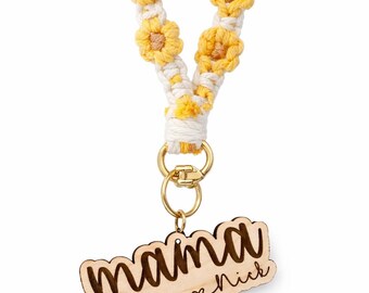 Personalized Mama Keychain, Daisy Crochet Wristlet, Custom Wood Tag Accessory