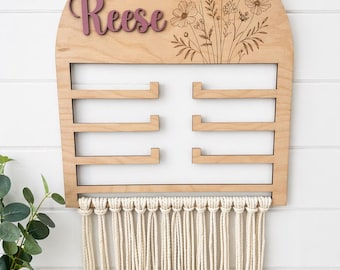 Handmade wooden bow holder flowers with name - personalized hair bow organizer-headband organizer