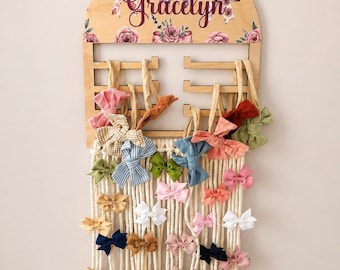 Personalized Wooden Bow Holder – Macrame Hair Bow Organizer, Nursery Decor
