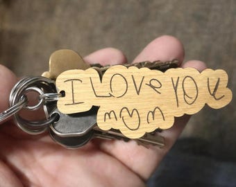 Personalized Handwriting Keychain, Custom Kids Artwork Engraved Wood Gift