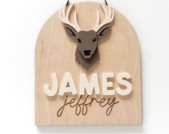 Personalized Deer Name Sign – Hand-Layered Wood Acrylic Nursery Decor