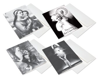 May include: Set of four black and white religious greeting cards featuring images of Mary and Jesus. The cards have envelopes and include the text "Ave, O See How I Love Thee".