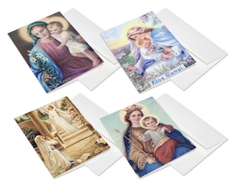 May include: Set of four religious greeting cards featuring images of the Virgin Mary and baby Jesus. The cards are printed on white cardstock and have a blank inside for writing a message.