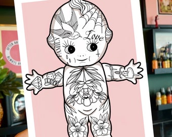 Traditional Vintage Doll Tattoo Style Illustration Cute Alternative Minimal  Artwork