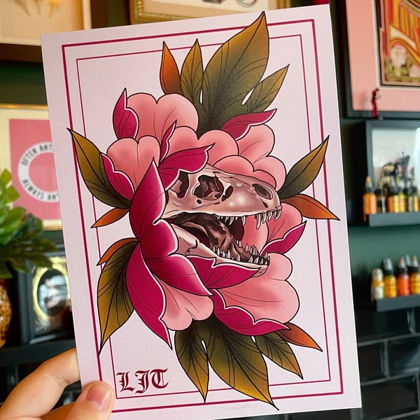 Floral Dinosaur Tattoo Style Illustration! Peony Dino Skull Artwork