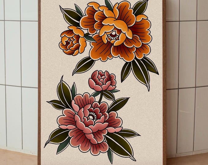 Traditional Tattoo Style Peony Illustration