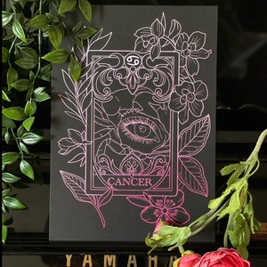 Tattoo Print Style Cancer Zodiac Tarot Card. Star Sign Tattoo Illustration