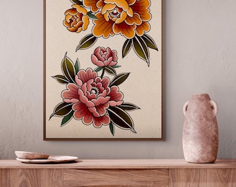 Könnte beinhalten: Ein gerahmter, rechteckiger Wandkunstdruck mit zwei Clustern stilisierter Blumen auf hellbeigem Hintergrund. Das obere Cluster besteht aus orangefarbenen Blüten mit dunkelgrünen Blättern, während das untere Cluster rosafarbene Blüten mit dunkelgrünen Blättern zeigt.