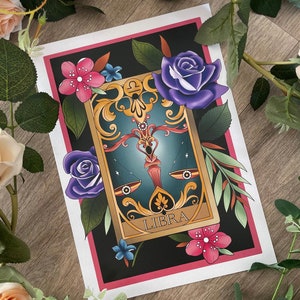 Waage Tattoo Style Sternzeichen Tarot Karte. Sternzeichen Illustration