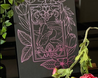 Tattoo Print Style Aries Zodiac Tarot Card. Star Sign Tattoo Illustration