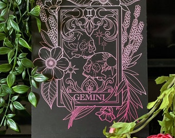 Tattoo Print Style Gemini Zodiac Tarot Card. Star Sign Tattoo Illustration