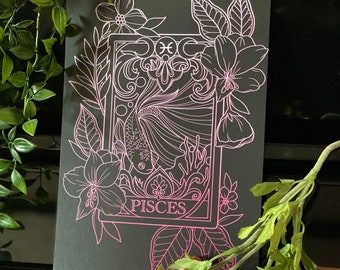 Tattoo Print Style Pisces Zodiac Tarot Card. Star Sign Tattoo Illustration