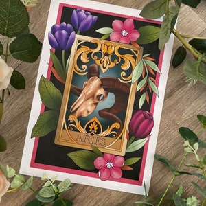 Widder Tattoo Style Sternzeichen Tarot Karte. Sternzeichen Illustration