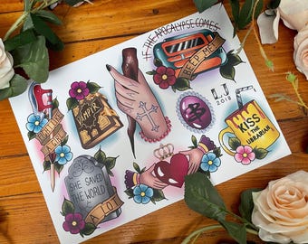 Buffy the Vampire Slayer Tattoo Style Flash Sheet. Spooky BTVS Illustrations