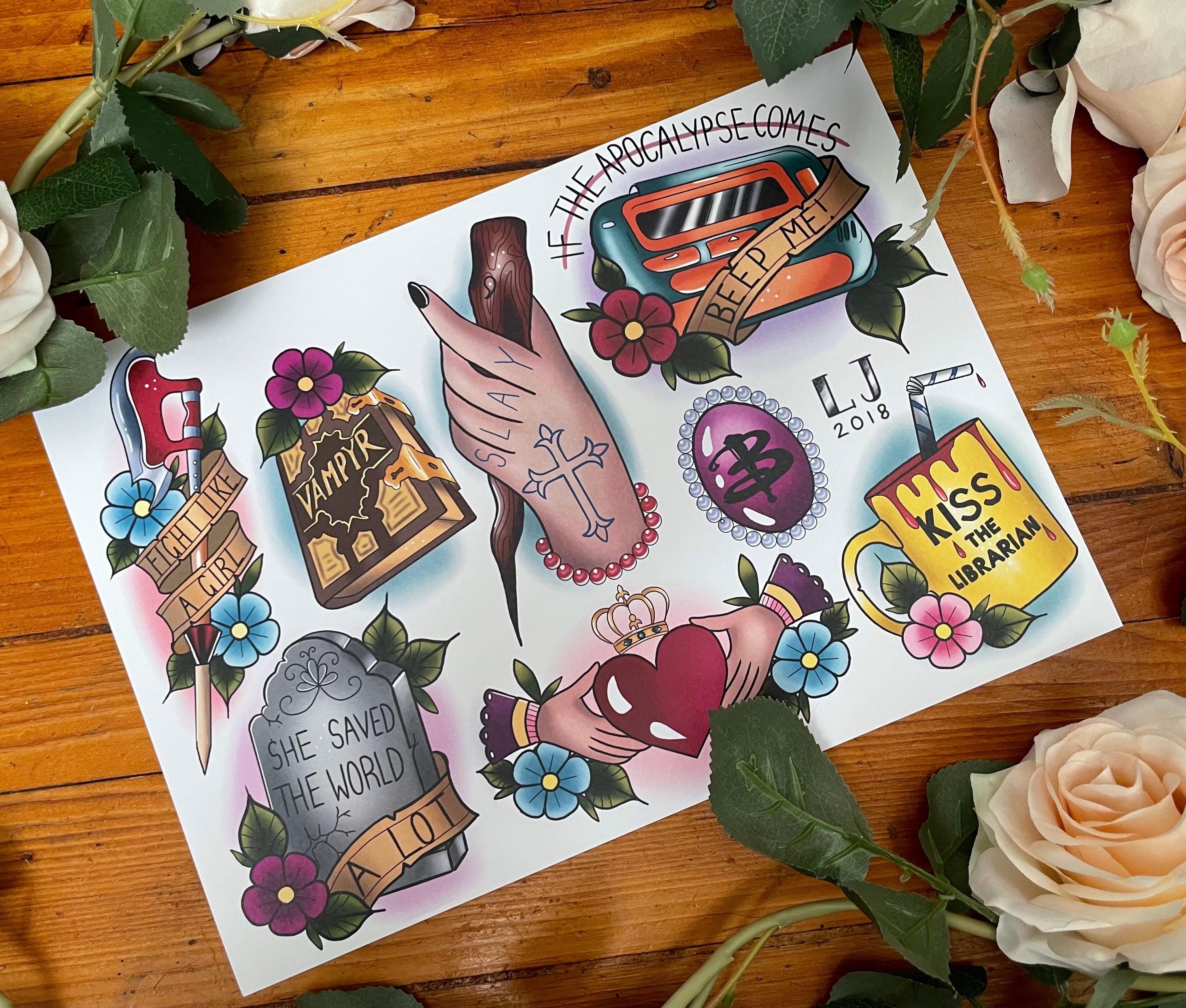 Buffy the Vampire Slayer Tattoo Style Flash Sheet. Spooky BTVS  Illustrations - Etsy New Zealand, image size:3000x2551