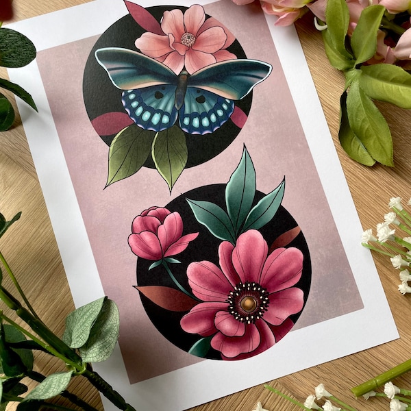 Cute Butterfly Tattoo Style Illustration. Floral Artwork