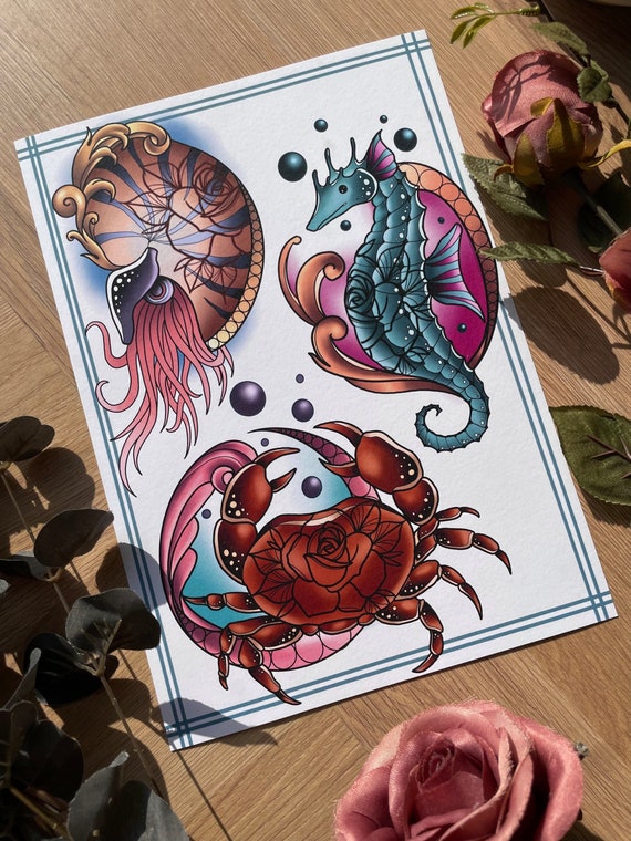 Sea Creatures Neo Traditional Tattoo Design Flash Sheet Cute - Etsy Canada Sea Creatures Neo Traditional Tattoo Design Flash Sheet Cute - Etsy Canada