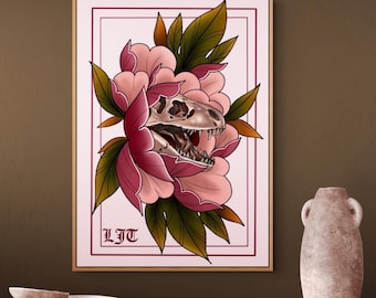 Könnte beinhalten: Ein rechteckiger gerahmter Kunstdruck mit einer zentralen Illustration eines Dinosaurierschädels, eingebettet in große rosa und magentafarbene Pfingstrosen und dunkelgrüne Blätter. Das Wort LIT ist in gotischer Schrift unten links gedruckt.