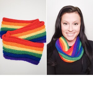 May include: A rainbow coloured crocheted infinity scarf. The scarf is made with a variety of colours, including red, orange, yellow, green, blue, and purple.