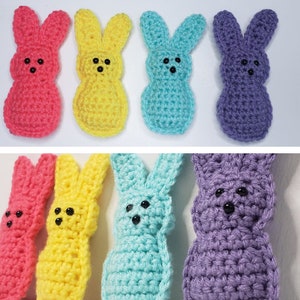 Four small crocheted peeps sit in a row along a white background. From left to right their colors are pink, yellow, blue and purple. Each has two tiny dots for eyes and one tiny dot nose. There are two images of the peeps.