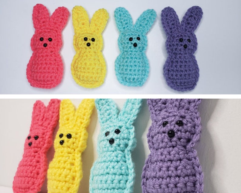 Four small crocheted peeps sit in a row along a white background. From left to right their colors are pink, yellow, blue and purple. Each has two tiny dots for eyes and one tiny dot nose. There are two images of the peeps.