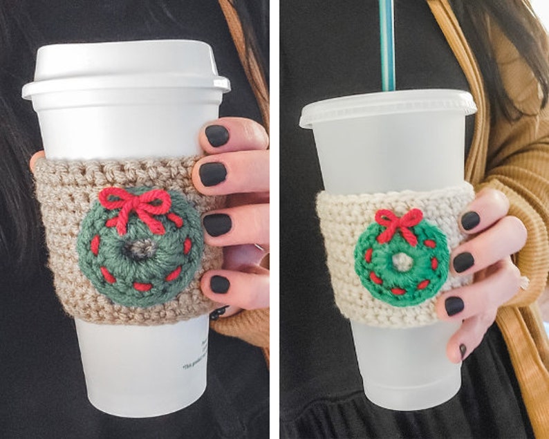 The crochet mini Christmas wreath cozy.