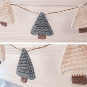 Crocheted Christmas Trees strung into a garland draped across a white mantle with jute. The trees are made of green and cream yarn with light brown trunks.