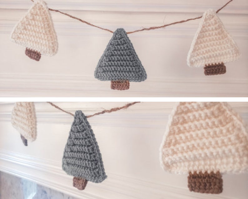 Crocheted Christmas Trees strung into a garland draped across a white mantle with jute. The trees are made of green and cream yarn with light brown trunks.