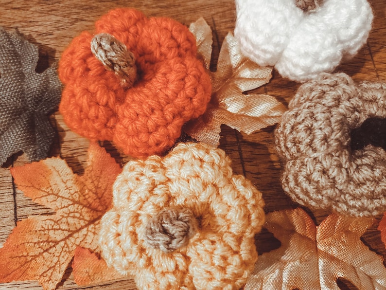 Crochet Mini Pumpkins in various colors with fall leaves.