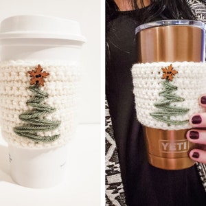 Two vertical side by side images of a crocheted Christmas Tree coffee cozy. The left is displayed on a white Starbucks mug and the right is in use on a gold Yeti mug held in hand. The cozy is minimalist using green, cream and wood.