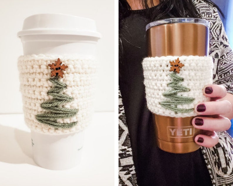 Two vertical side by side images of a crocheted Christmas Tree coffee cozy. The left is displayed on a white Starbucks mug and the right is in use on a gold Yeti mug held in hand. The cozy is minimalist using green, cream and wood.