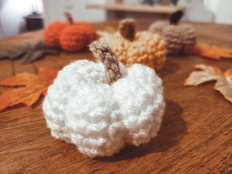 Crochet Mini Pumpkins in various colors, closeup of white.