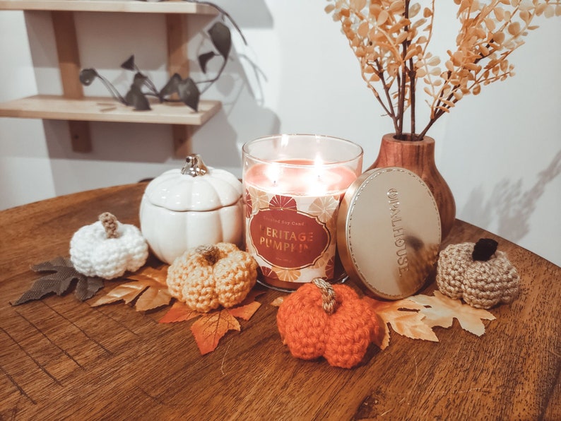 Crochet Mini Pumpkins in various colors with home decor.
