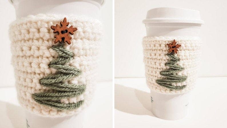 Two vertical side by side images of a crocheted Christmas Tree coffee cozy. The left is a close up image of the right displayed on a white Starbucks mug. The cozy is minimalist using green and cream yarn and a wooded button.