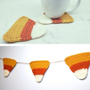 May include: A set of three crocheted candy corn coasters in orange, yellow, and white. The coasters are shaped like candy corn and are perfect for adding a festive touch to your home decor.