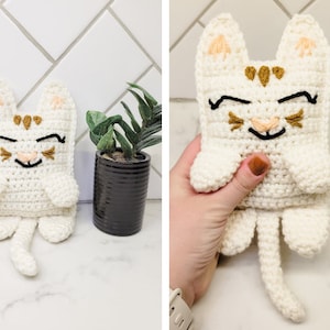 Left: A crocheted cream and caramel kitty cat displayed on a marble counter with a small green plant. Right: A hand holding the crochet kitty cat for size reference.