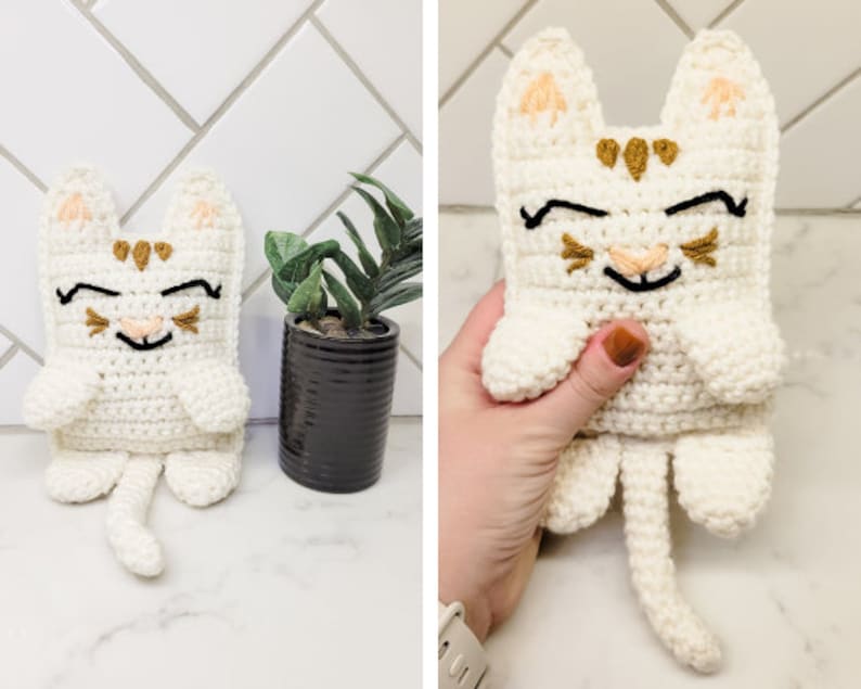 Left: A crocheted cream and caramel kitty cat displayed on a marble counter with a small green plant. Right: A hand holding the crochet kitty cat for size reference.