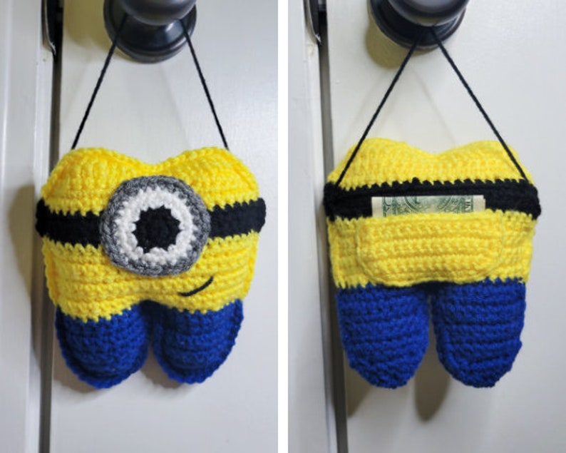 Front and back images of the Crochet Tooth Fairy Pillow - Yellow guy hanging on a door knob.