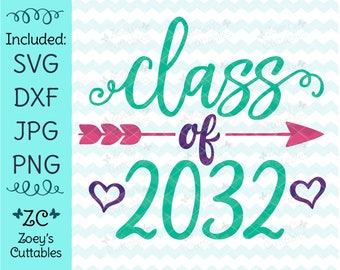 May include: A teal green and purple graduation design with the text "Class of 2032" and two pink arrows with feathers. The design includes two purple hearts.