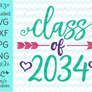Può includere: Un design verde turchese e viola con il testo "Class of 2034" con una freccia rosa e due cuori viola.