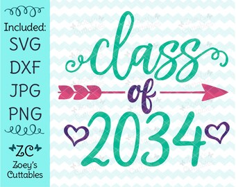 May include: A teal green and purple design with the text "Class of 2034" with a pink arrow and two purple hearts.